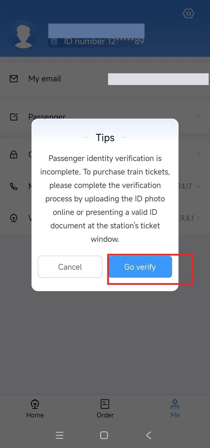 12306 popup that says Passenger identity verification is incomplete, blocking ticket purchase until the user completes passport verification