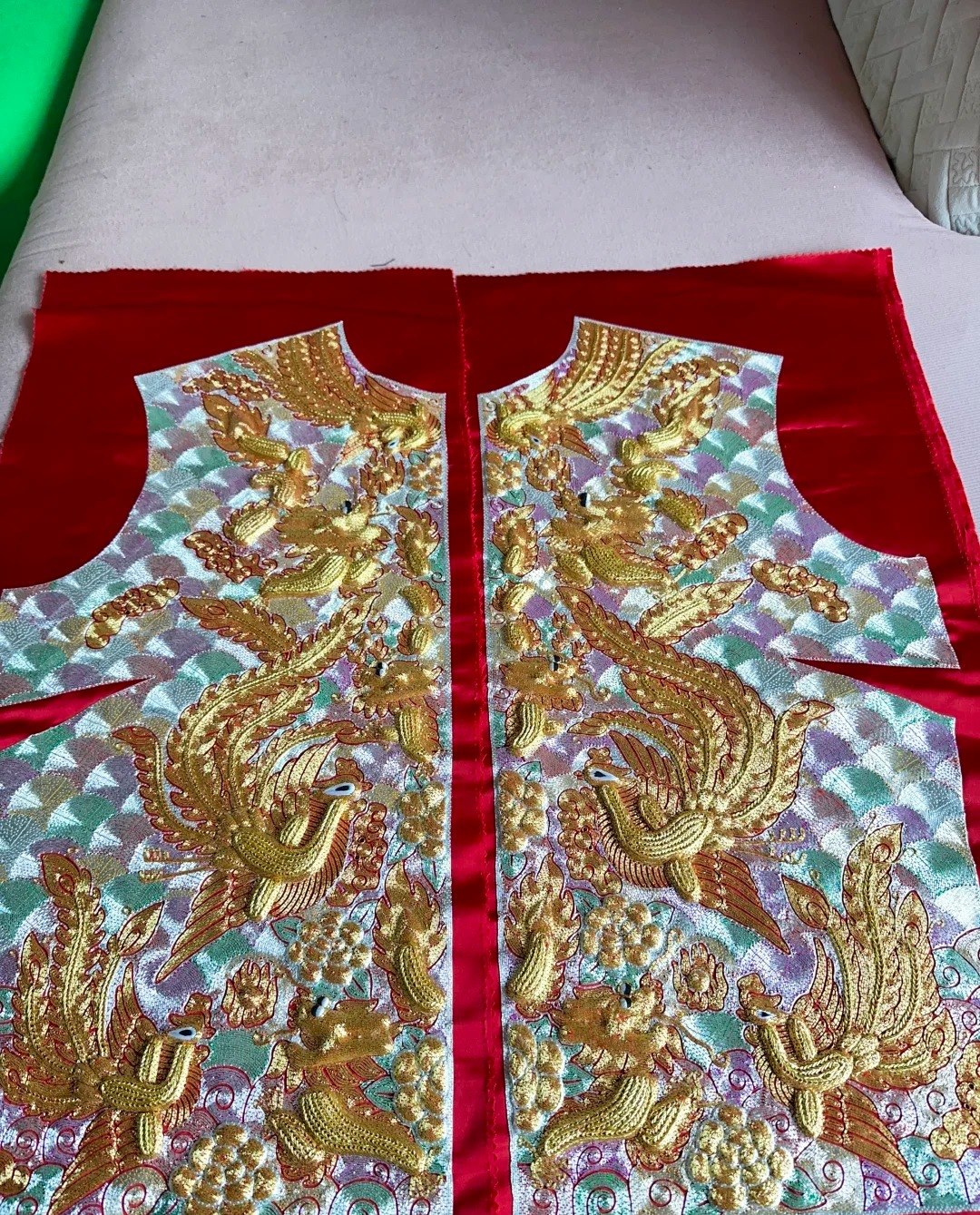 Embroidered panels for a longfenggua wedding jacket, densely worked in raised gold and silver thread with phoenix motifs