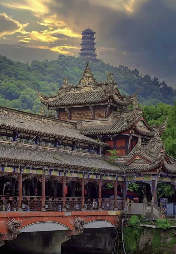 Sichuan ancient town with traditional wooden architecture near Chengdu.