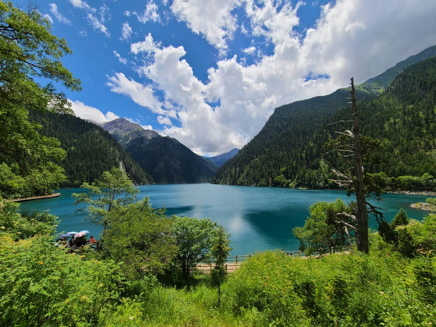 Snow-capped peaks above a clear Jiuzhaigou lake fringed with autumn forest, northern Sichuan.