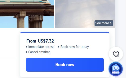 Trip.com Shanghai Maglev booking card showing From US$7.32, Immediate access, Book now for today, Cancel anytime, and a blue Book now button