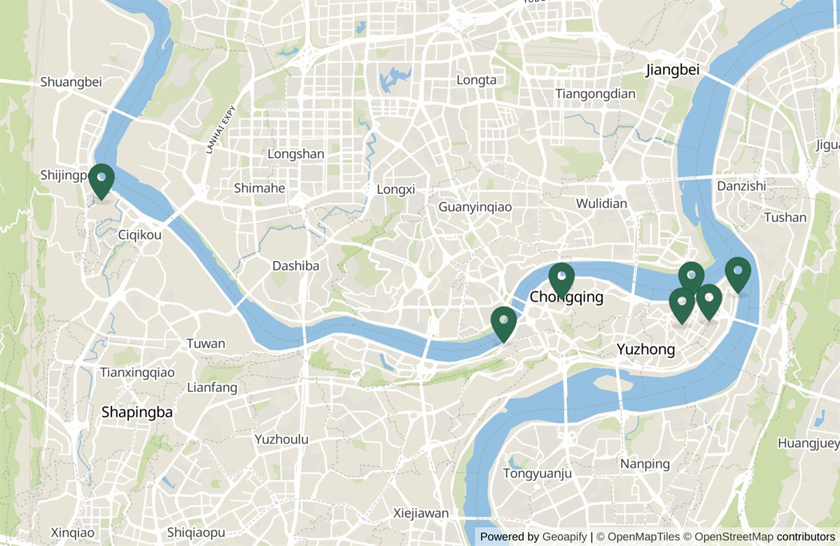 Map of central Chongqing. Liziba is about 3.5 km west of Jiefangbei along the Jialing river side, on metro Line 2. The Three Gorges Museum is between the two, roughly 2.6 km from Jiefangbei, also on Line 2 at Zengjiayan. Jiefangbei, Hongyadong and the Yangtze Cableway sit together at the eastern end of the peninsula, and Ciqikou is much further out to the north-west, about 12 km away, which is why it gets its own morning on Day 5 rather than being squeezed in here.