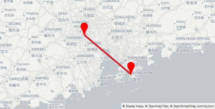 Map of the Guangzhou South–Hong Kong West Kowloon high-speed rail corridor: 141 km from Guangzhou South Railway Station to Hong Kong West Kowloon Station, 47m on the fastest G-train.