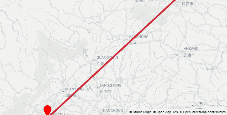 Map of the Xi'an North–Chengdu East high-speed rail corridor: 670 km from Xi'an North Railway Station to Chengdu East Railway Station, 3h on the fastest G-train.