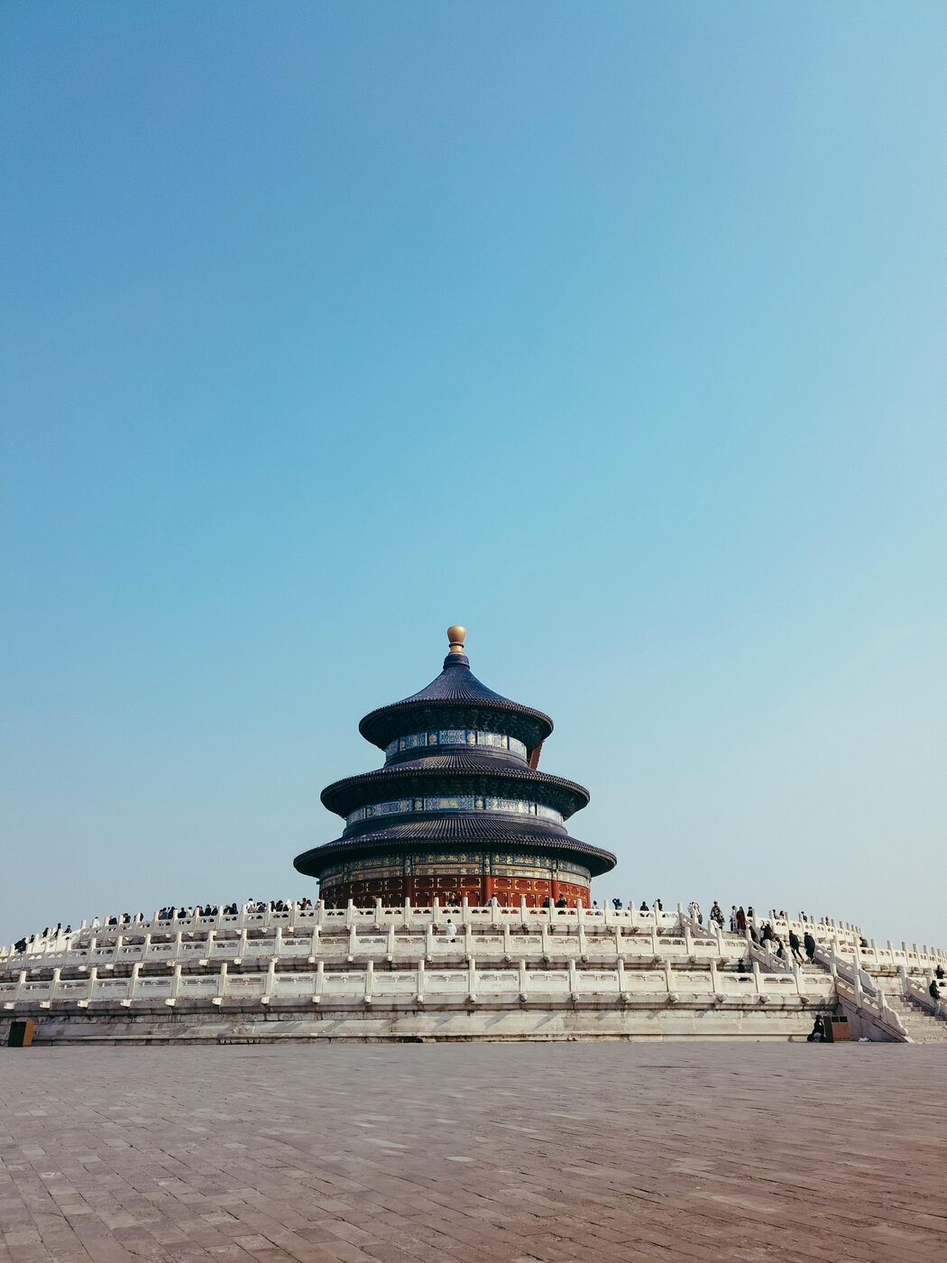 Detail of the painted eaves and marble terraces of the Temple of Heaven complex in Beijing.