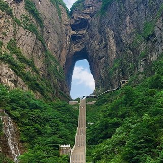 The 999-step cliff stairway climbing to the Tianmen cave.