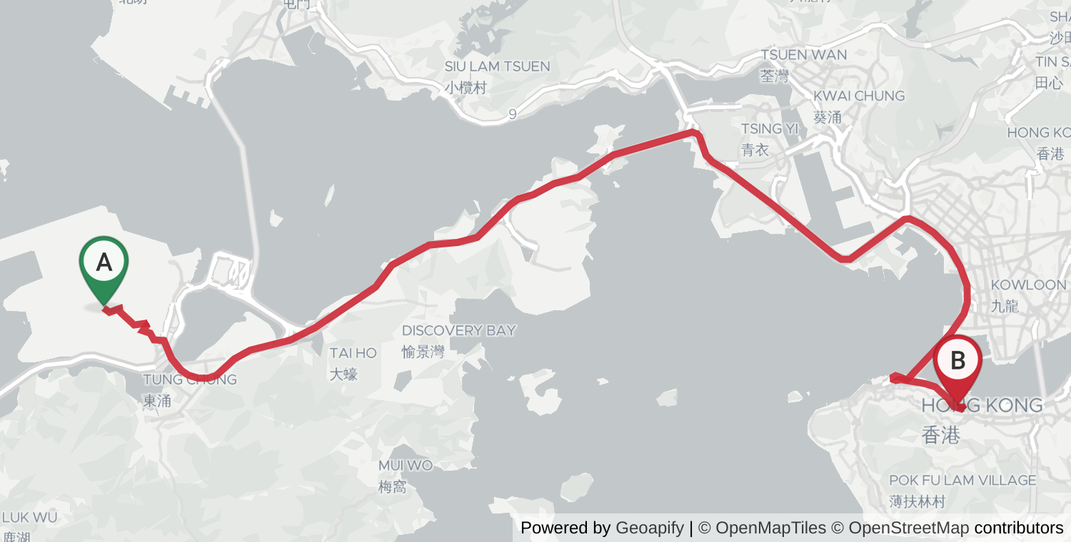 Driving route map from Hong Kong International Airport (HKG) to Central: 38.5 km, 40 min by taxi (HK$300–350). Geoapify WGS-84 routing, Jul 2026 (no-traffic baseline).