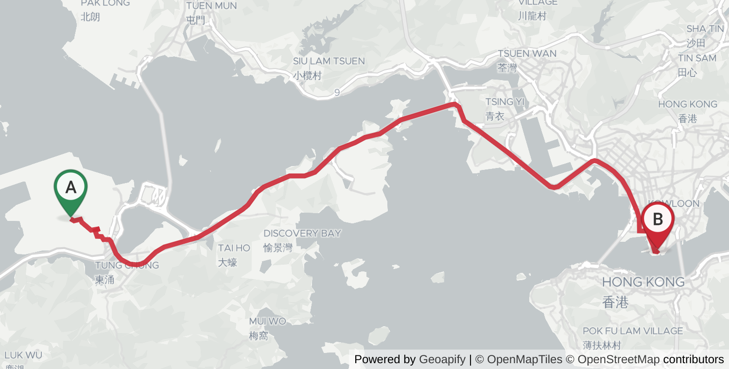 Driving route map from Hong Kong International Airport (HKG) to Tsim Sha Tsui: 34.7 km, 35 min by taxi (HK$250–300). Geoapify WGS-84 routing, Jul 2026 (no-traffic baseline).
