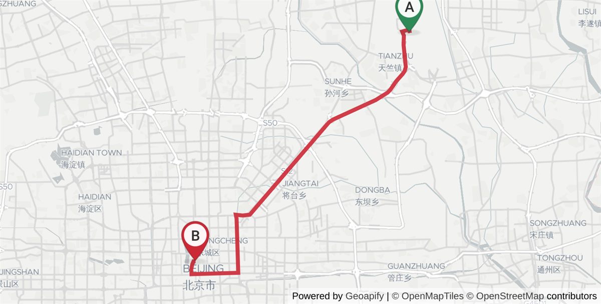Driving route map from Beijing Capital International Airport (PEK) to Forbidden City: 31.9 km, 48 min by taxi (¥100–150). Amap maps_direction_driving, May 2026 (no-traffic baseline).