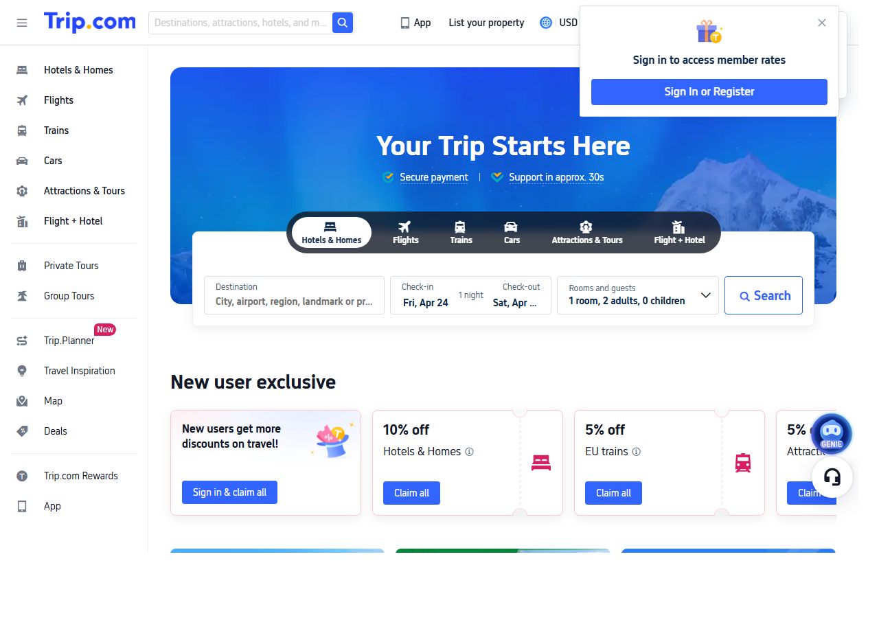 Trip.com English homepage showing the multi-category search widget with Hotels, Flights, Trains, Cars, Attractions, and Flight+Hotel tabs