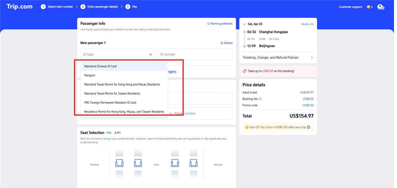 Trip.com passenger checkout showing an ID type dropdown with Passport as the second option