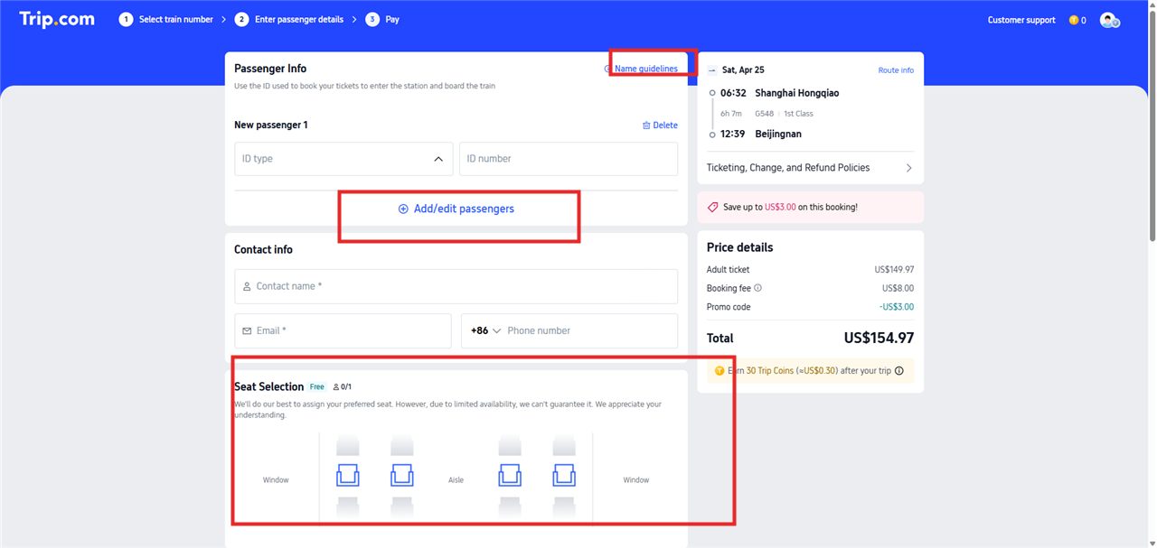 Trip.com Passenger Info checkout page showing ID type and ID number fields, Add/edit passengers button, Contact info section with email and phone, Seat Selection diagram showing Window/Aisle positions, and Price details sidebar with total US$154.97
