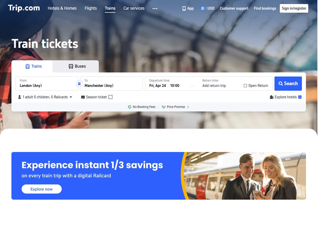 Trip.com Trains search form with From, To, Departure time, and Return time fields