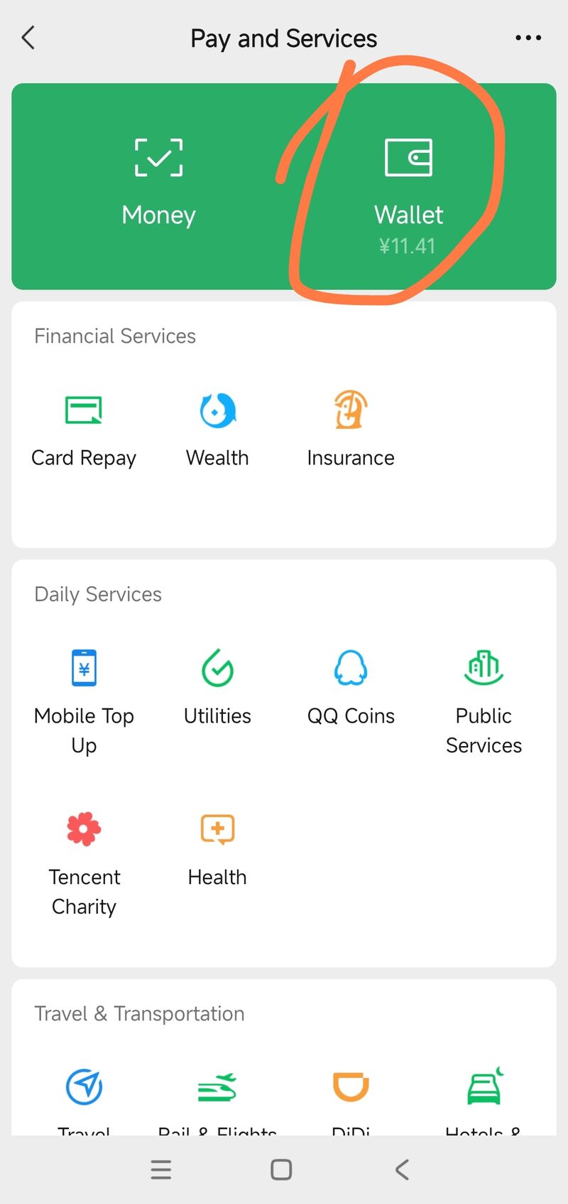 WeChat Pay and Services screen with Wallet highlighted