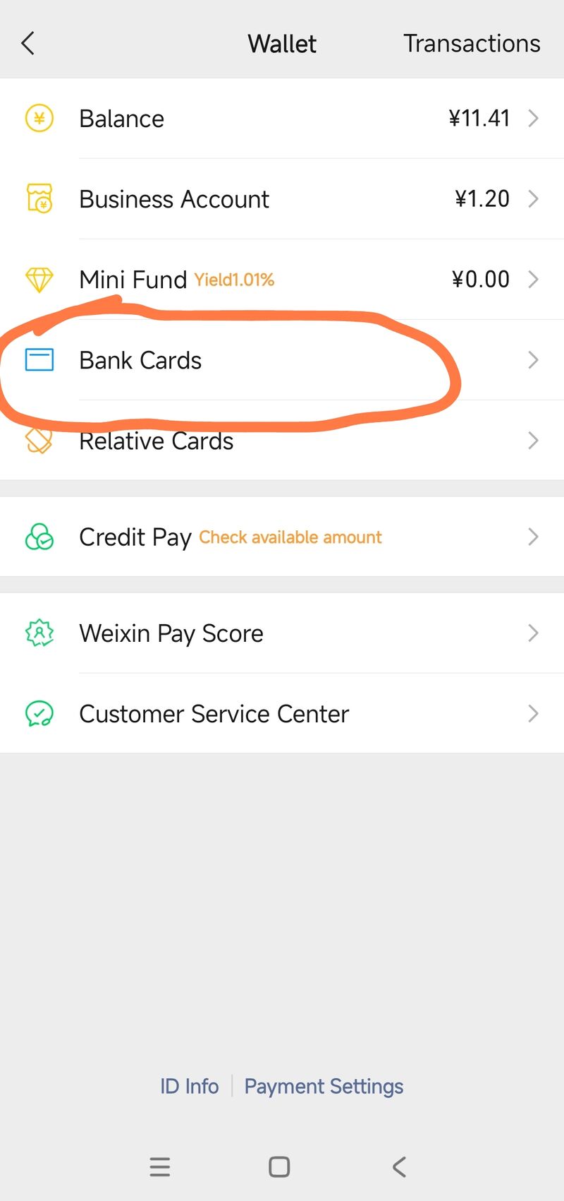 WeChat Wallet screen with Bank Cards highlighted