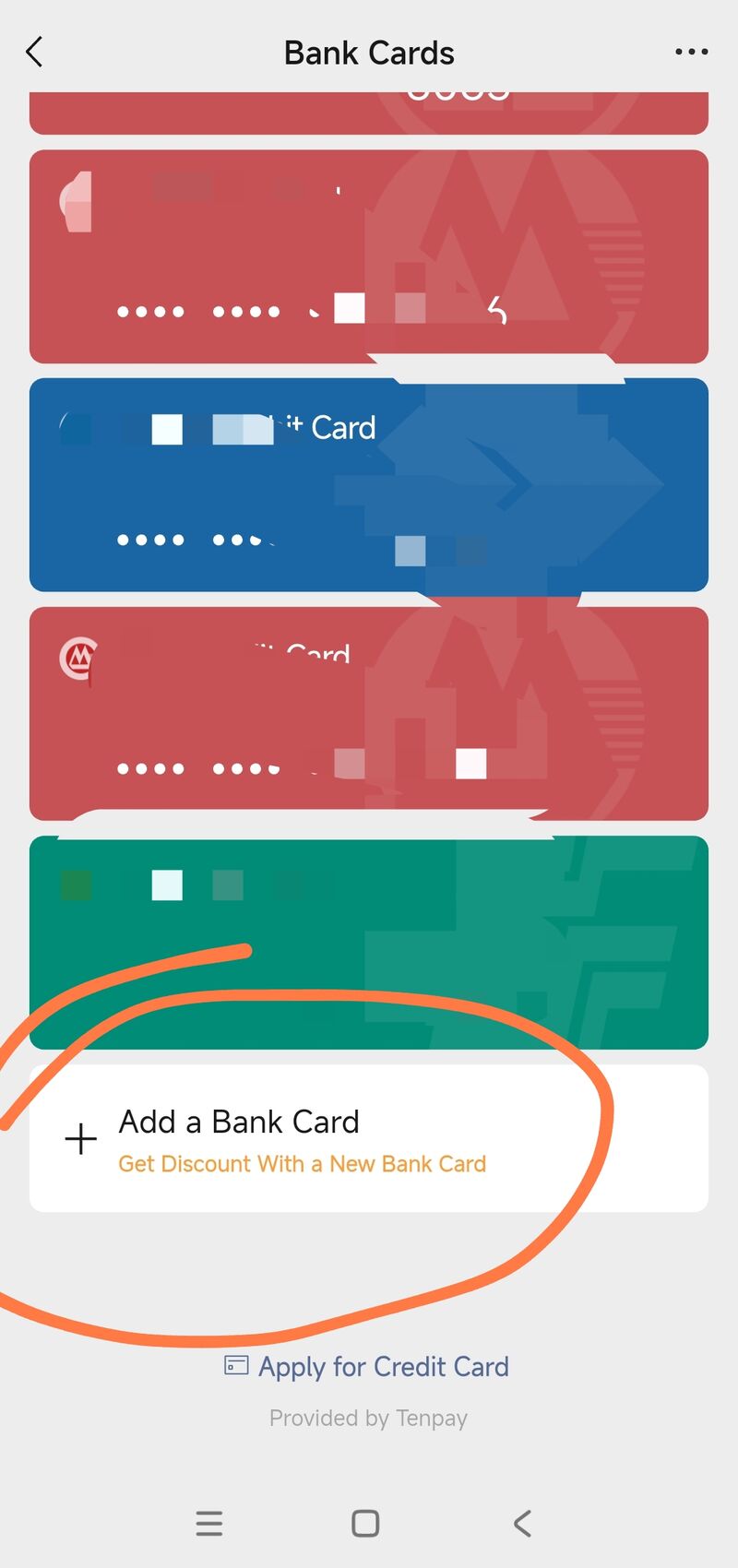 WeChat Bank Cards screen with Add a Bank Card highlighted