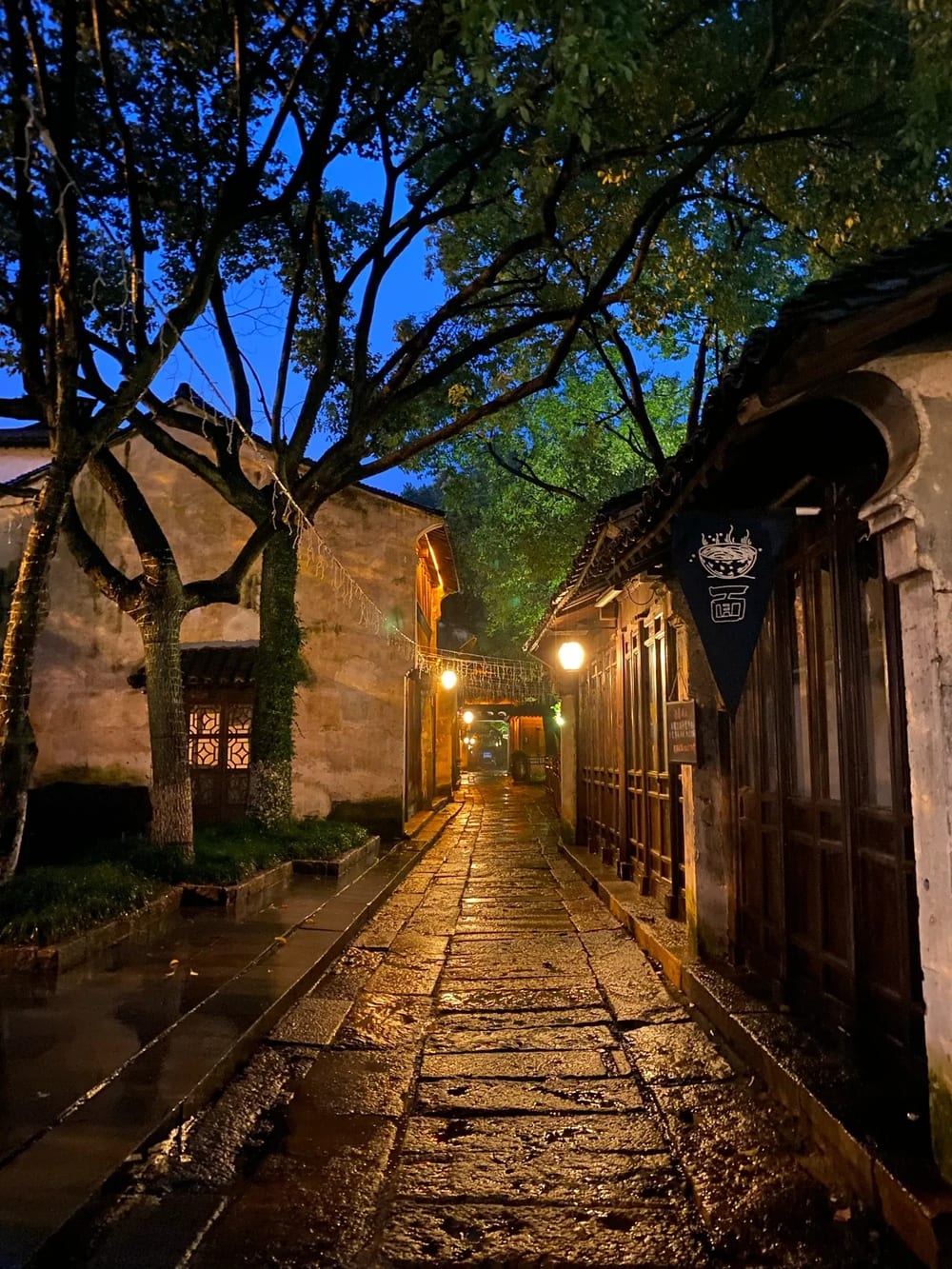 An empty stone-flagged lane in Wuzhen at night, wet underfoot, running between whitewashed walls under warm street lamps, with a noodle-shop pennant hanging on the right.